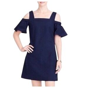 J.Crew‎ Womens Dress XS Navy Blue Cold Shoulder Ruffle Sleeve Mini.